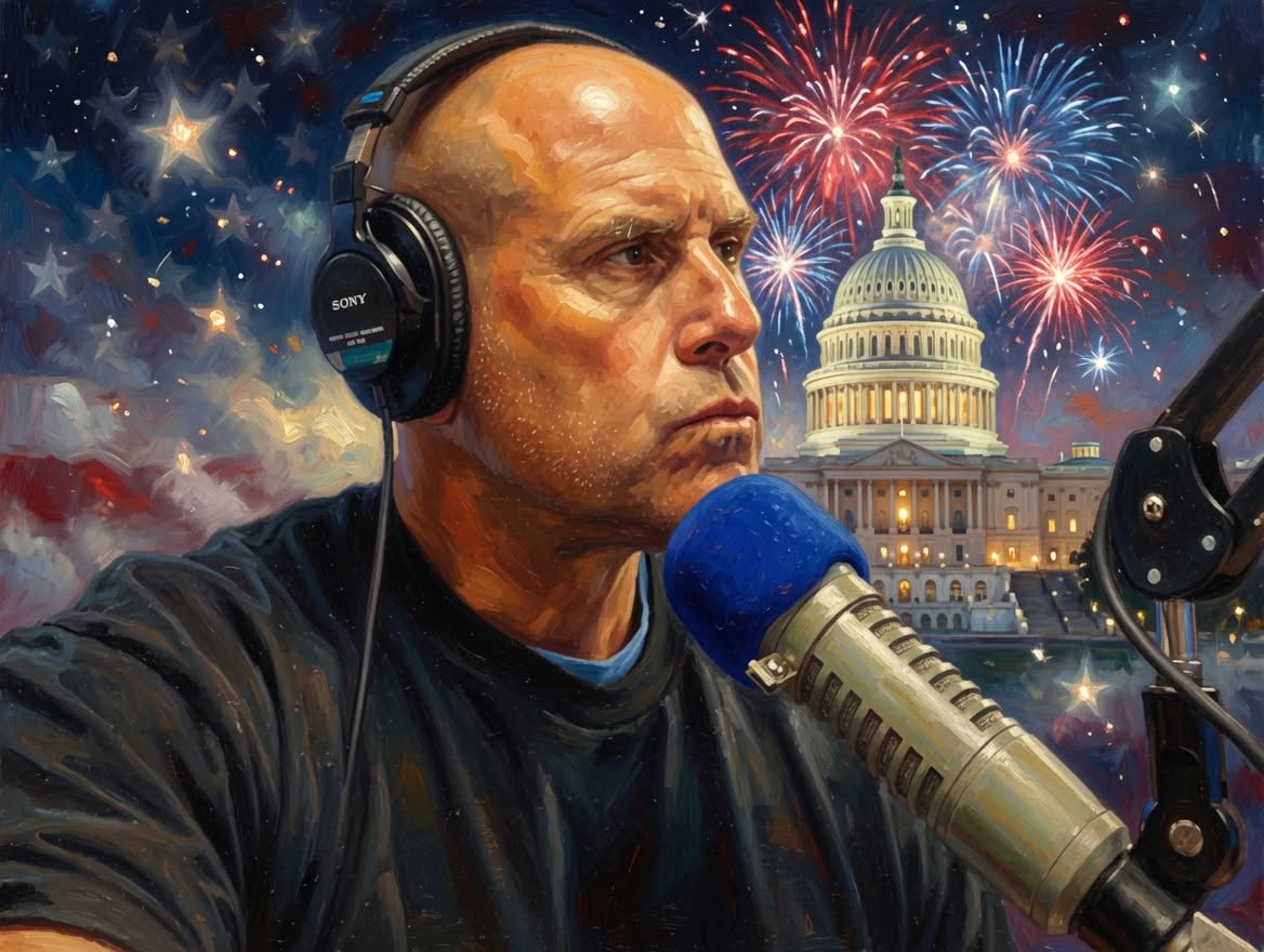 Painted portrait of Lee Elci at the radio microphone with the U.S. Capitol and fireworks behind him